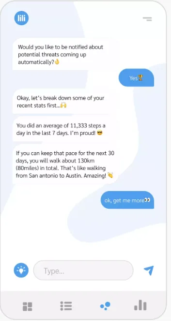 Conversational assistant chat recap of recent stats and achievements