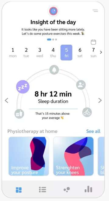 Insight of the day screen summarizing sleep analytics with physiotherapy carousel