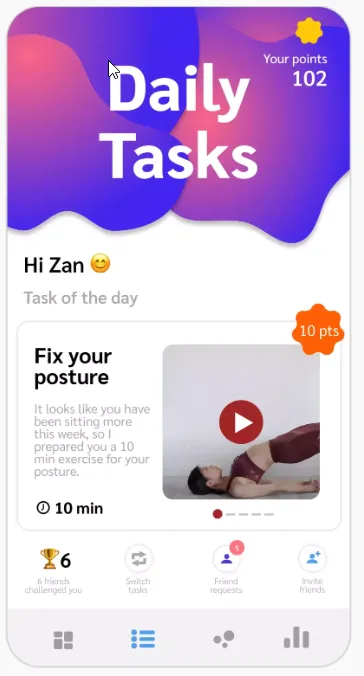 Daily tasks screen with posture micro goal card, point counter, and quick actions